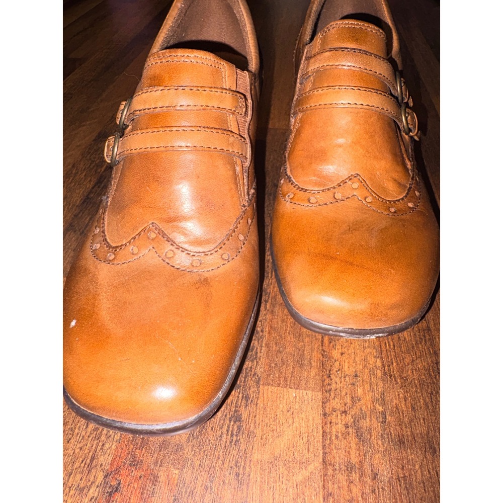 Earth Origins Carma 5 Tan Leather Wingtip Buckle Strap Block Heel Shooties 7M - Picture 3 of 8